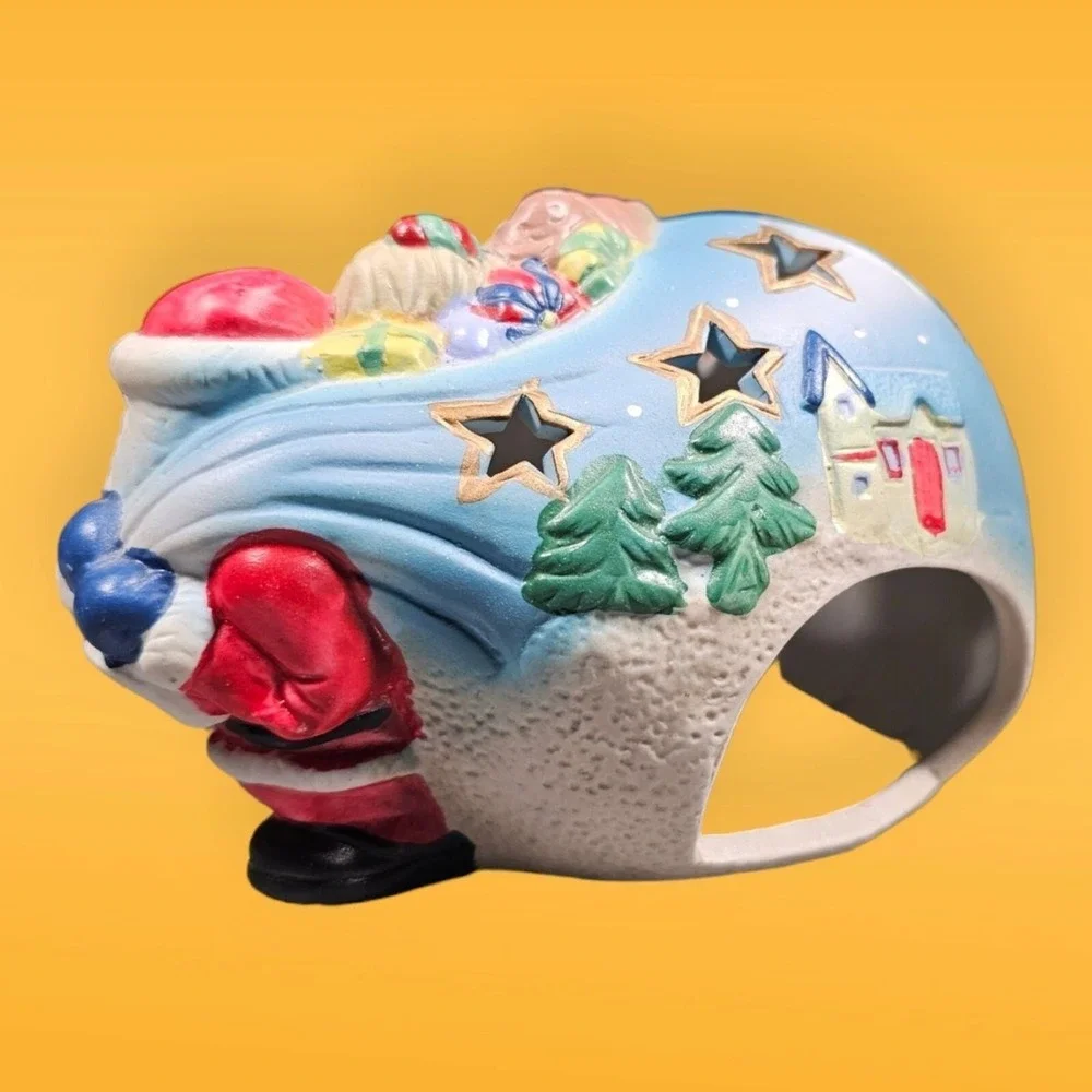 Vintage‎ Santa With Sack Bag Presents Ceramic Votive Holder Trees Stars Toys